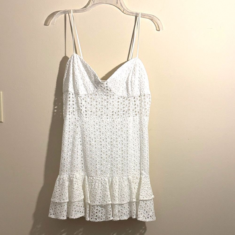 Zara White Eyelet Dress size XL spaghetti straps mini short Ruffle